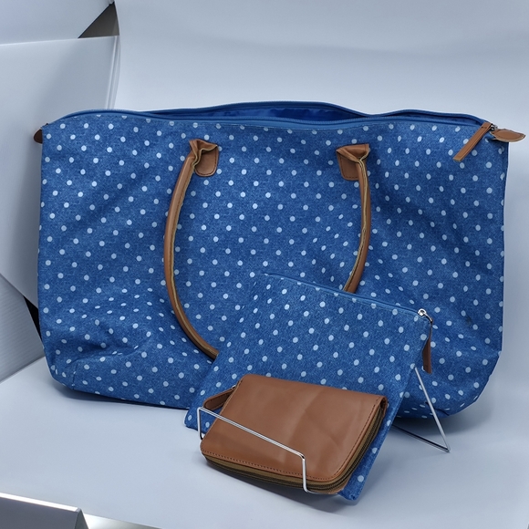 Handbags - 3-Piece Matching Blue Polka Dot Tote & Wallet Set